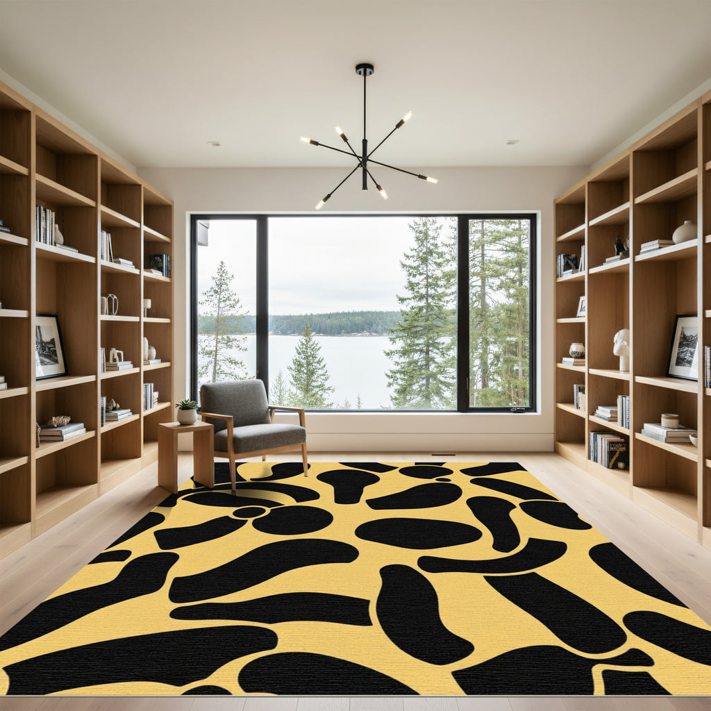 Abstract Black Organic Shapes Ochre Rug