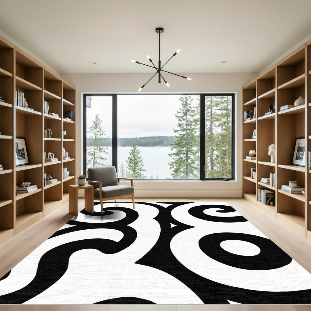 Bold Black White Swirl Organic Rug