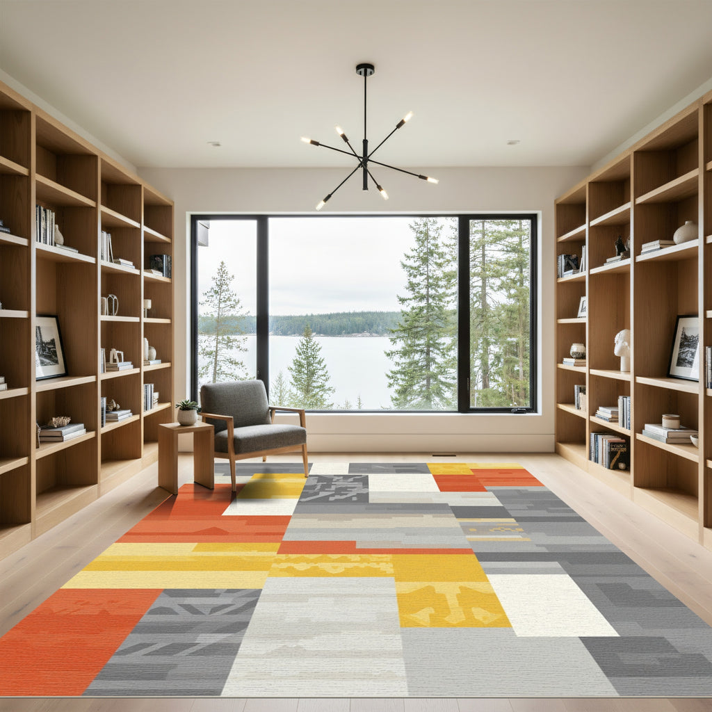 Abstract Geometric Panels Orange Gray Gold Rug