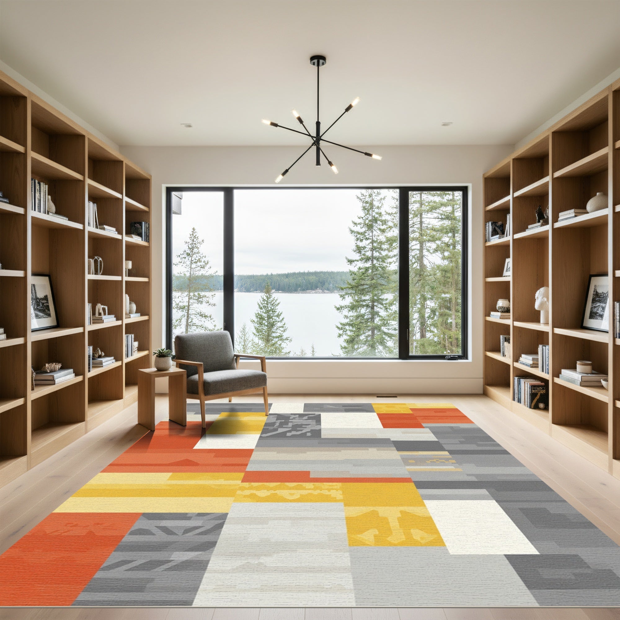 Abstract Geometric Panels Orange Gray Gold Rug