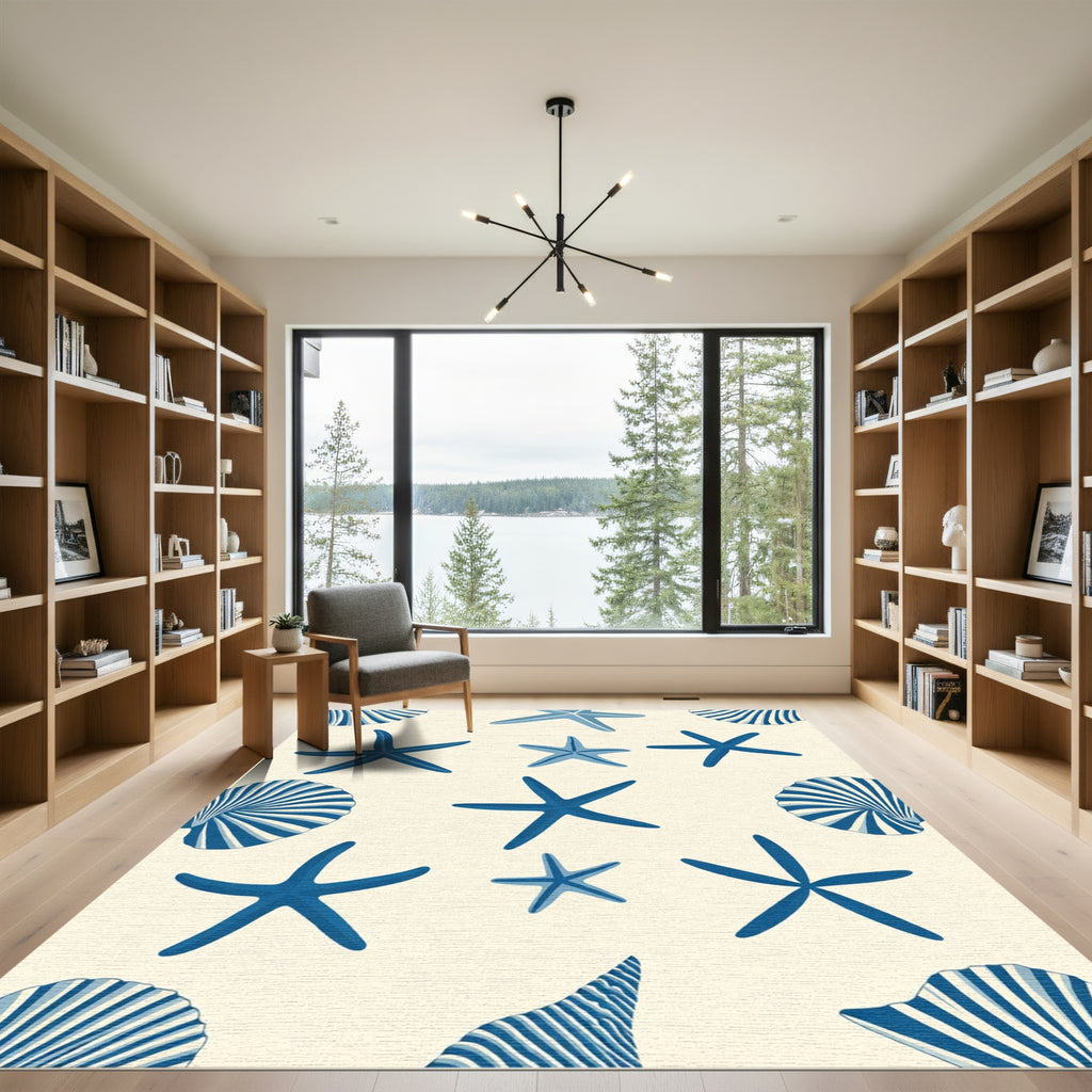 Deep Blue Starfish Seashell Collection Rug