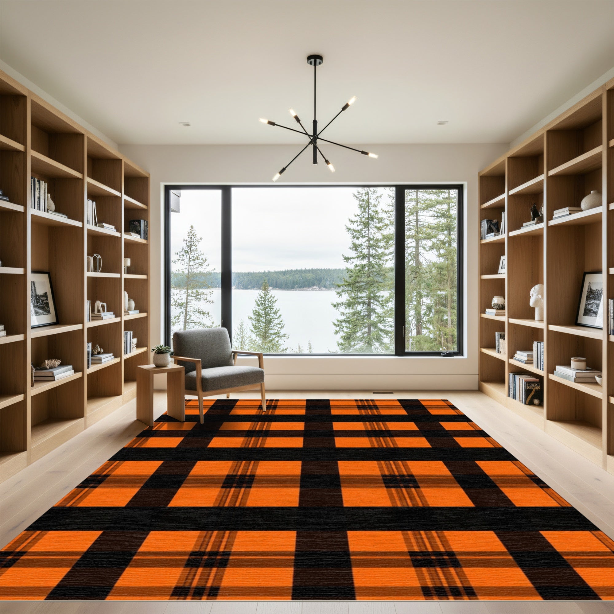 Classic Orange Black Plaid Squares Rug