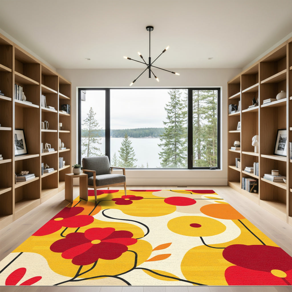 Bold Red Yellow Floral Abstract Rug
