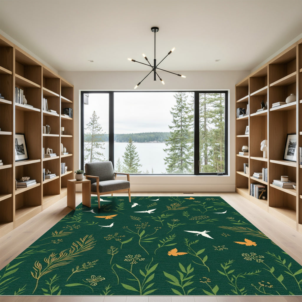 Emerald Green Ferns Birds Butterflies Meadow Rug