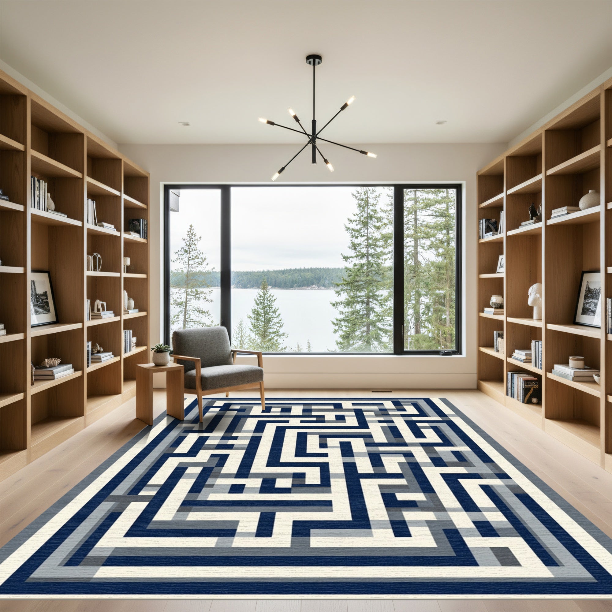 Navy Cream Geometric Maze Rug