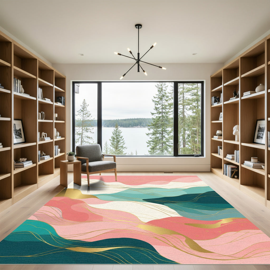 Blush Teal Golden Flowing Waves Rug