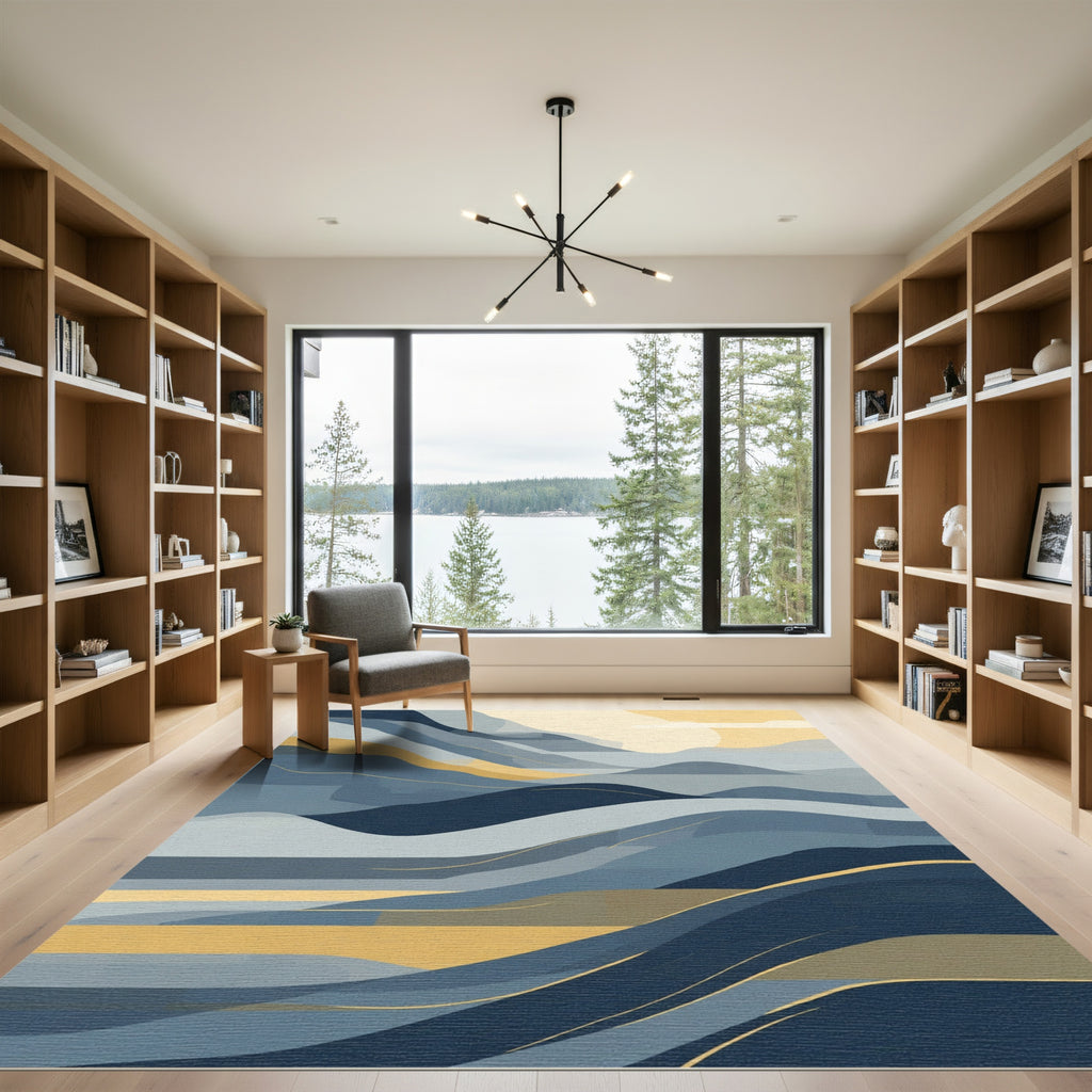 Serene Blue Golden Landscape Waves Rug