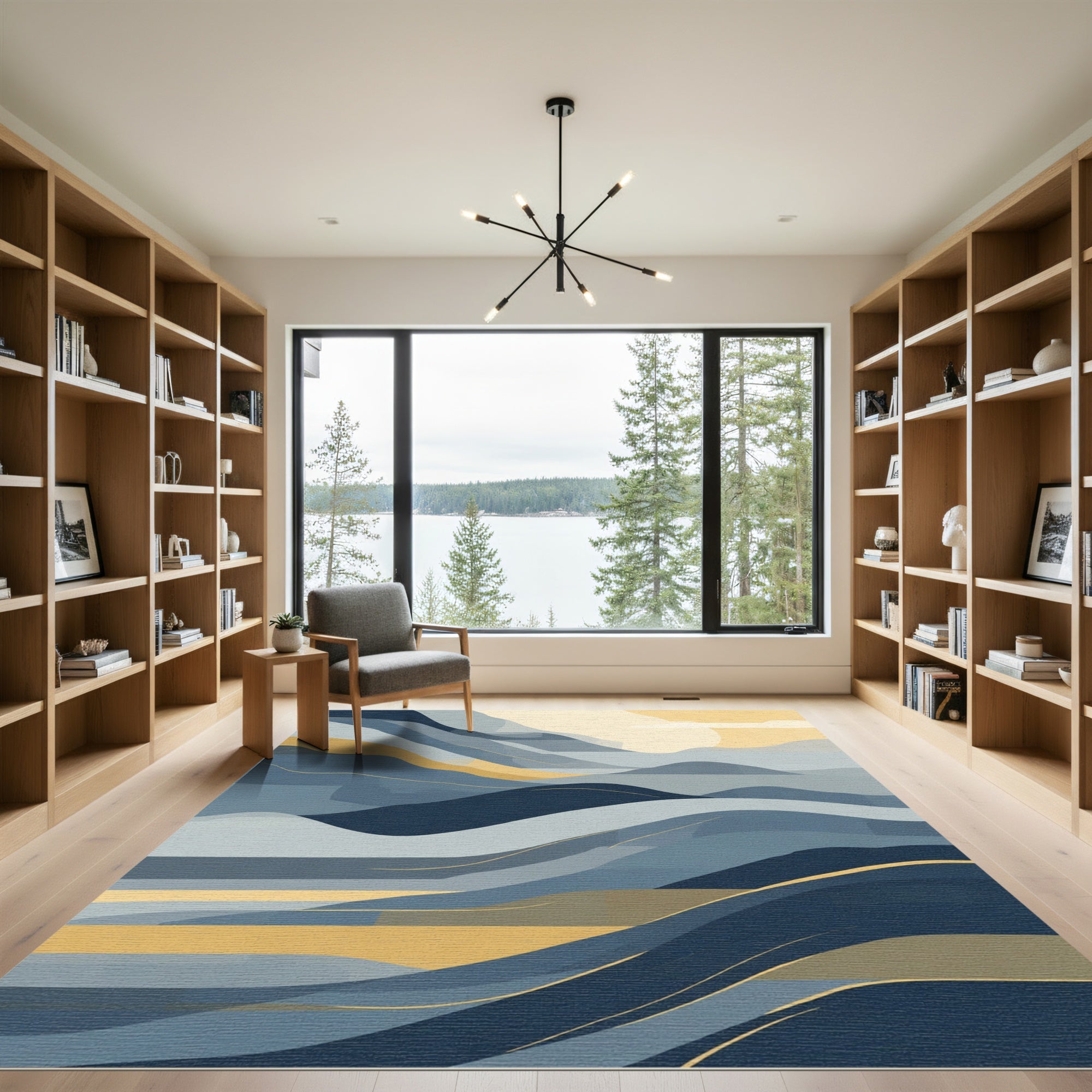 Serene Blue Golden Landscape Waves Rug