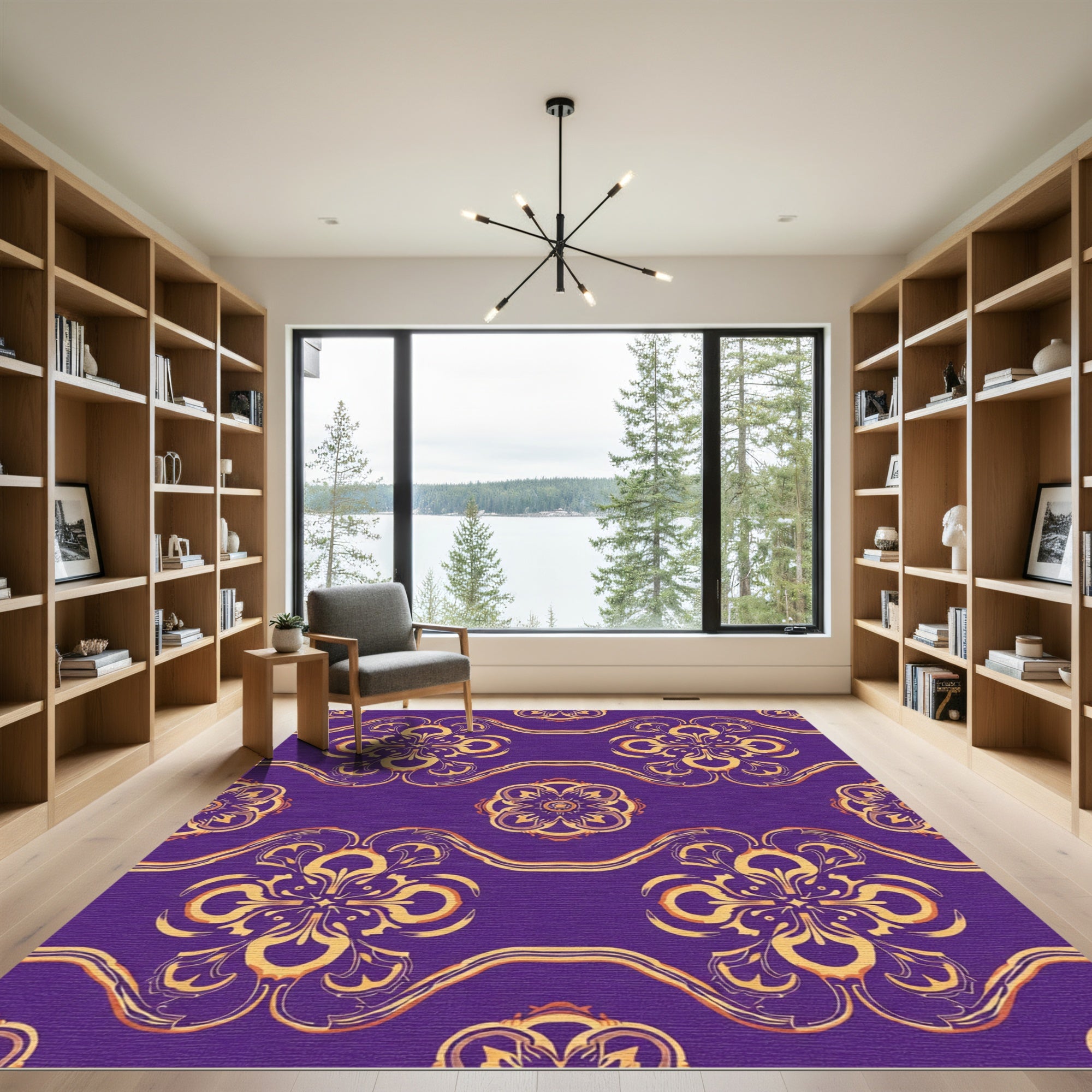 Regal Purple Golden Floral Serpentine Rug