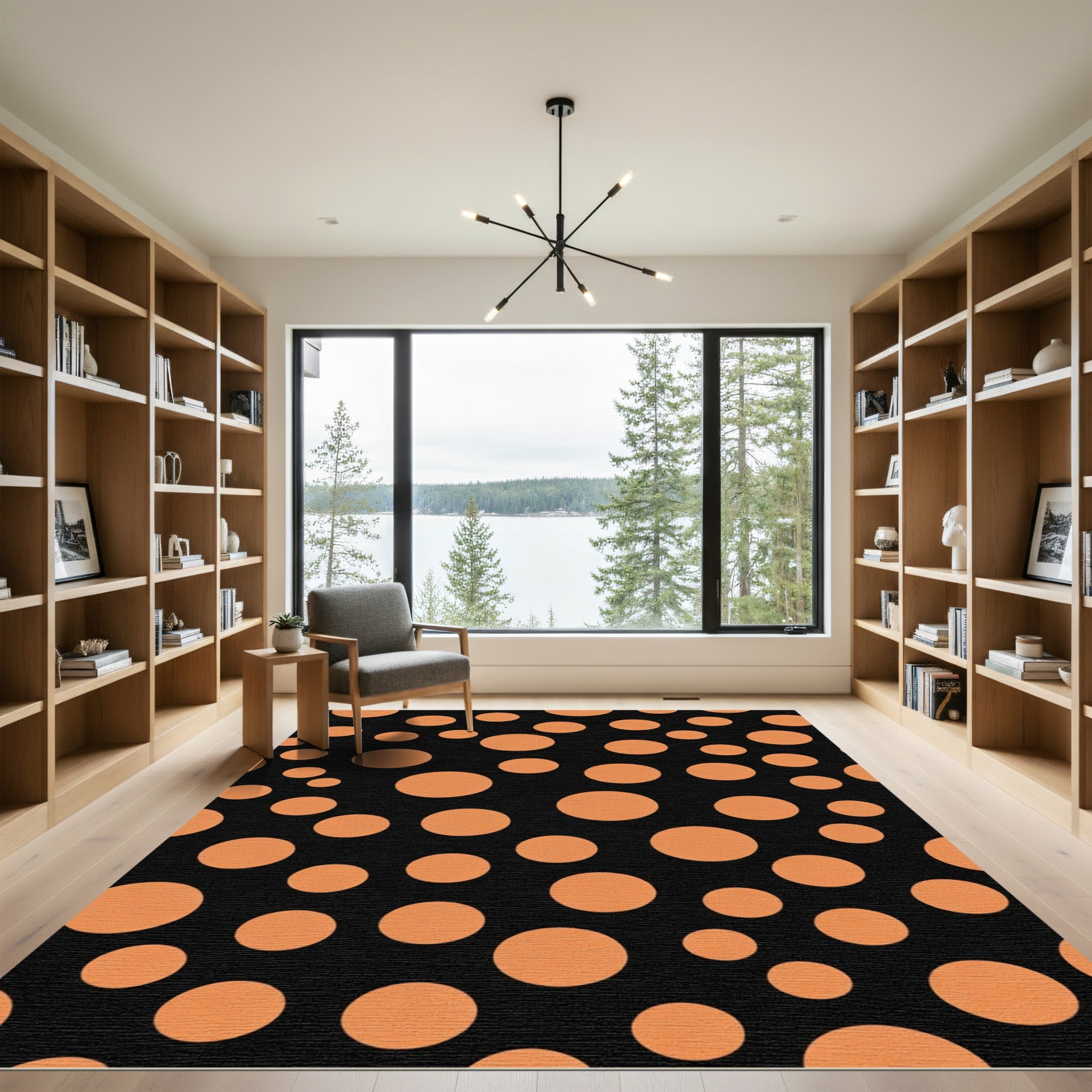 Orange Circles Black Background Rug