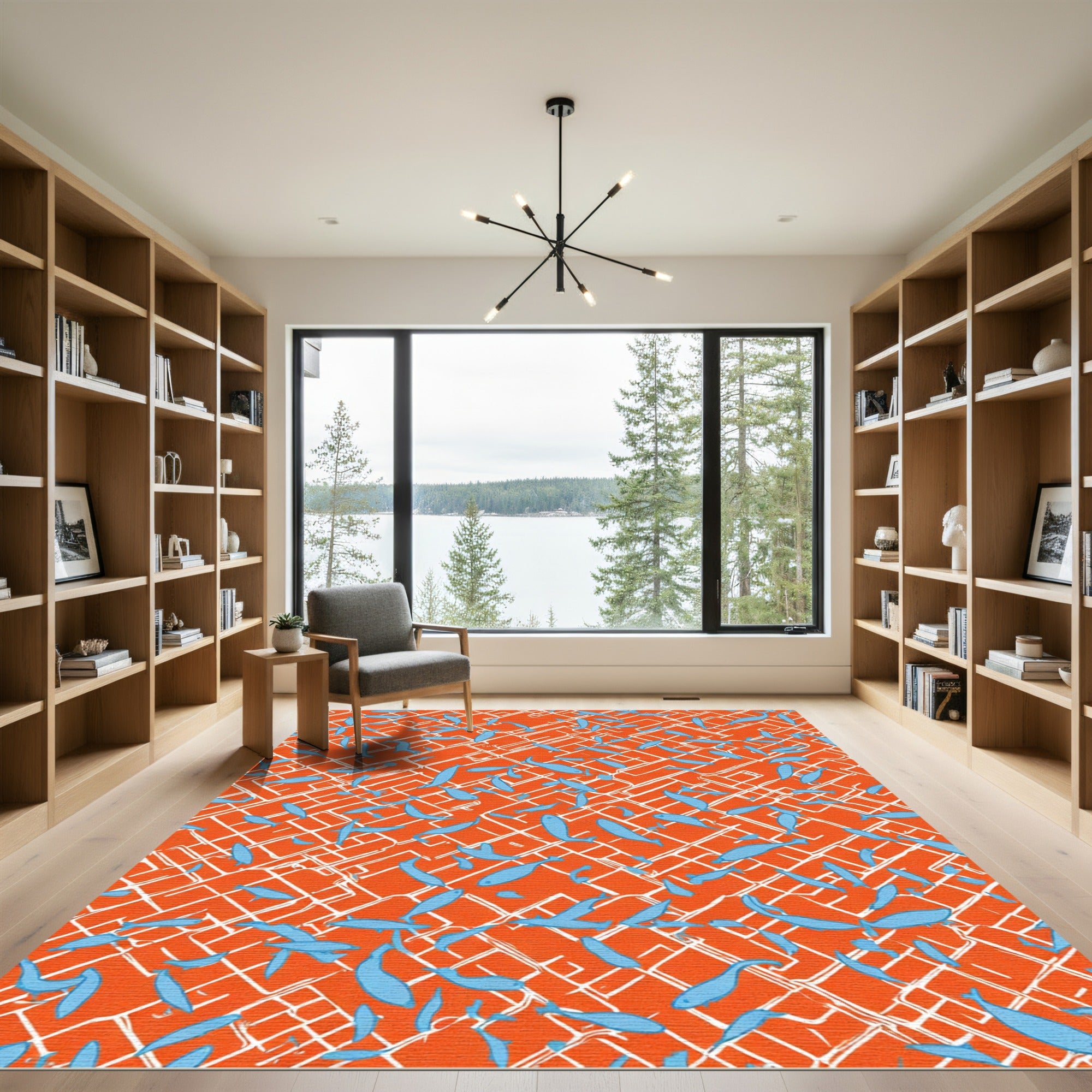 Sky Blue Fish On Orange Grid Rug