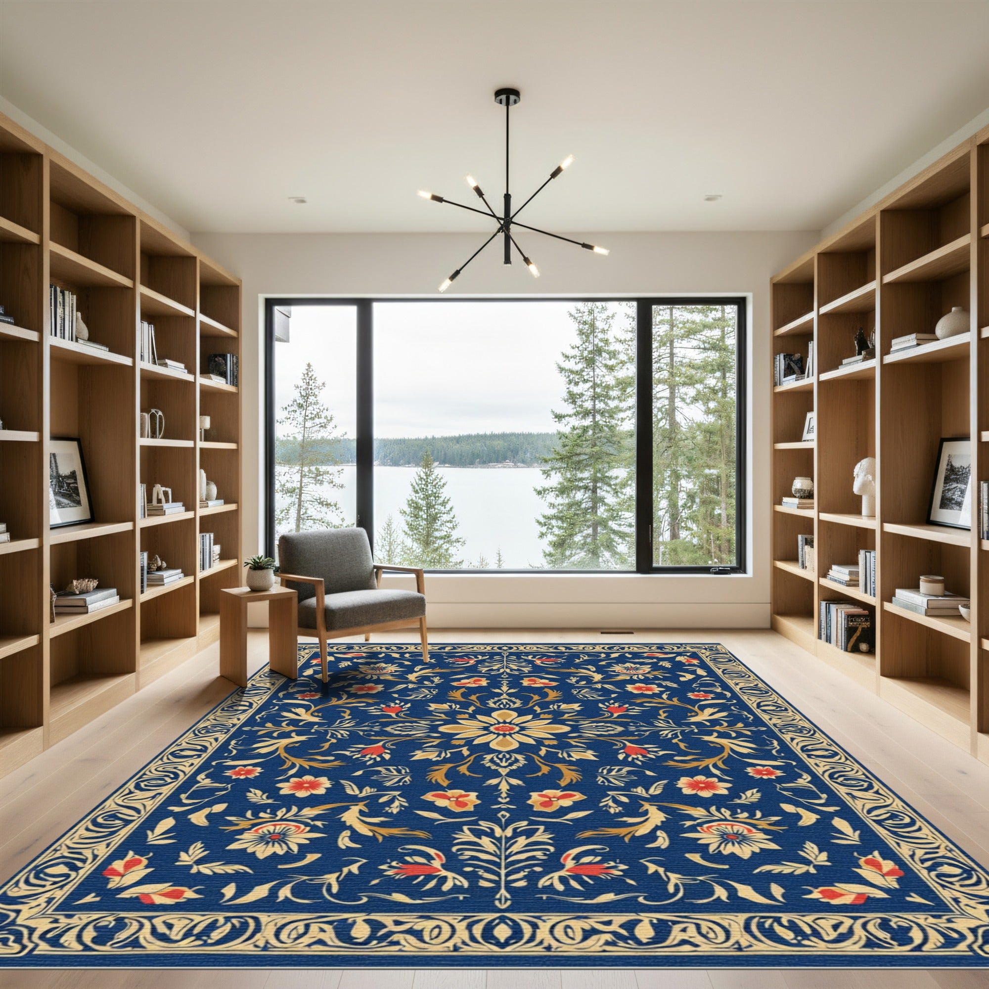 Dark Blue Floral Medallion Garden Rug
