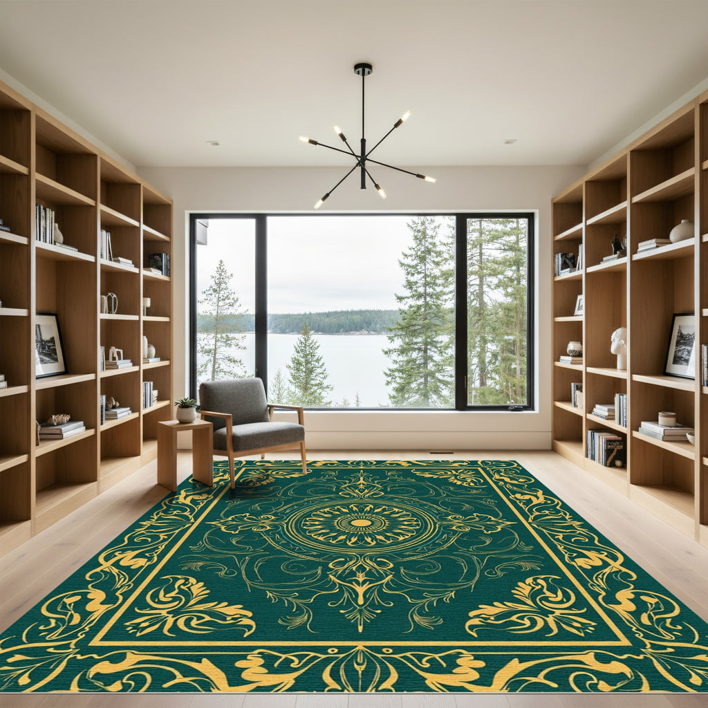 Ornate Teal Gold Floral Border Centerpiece Rug
