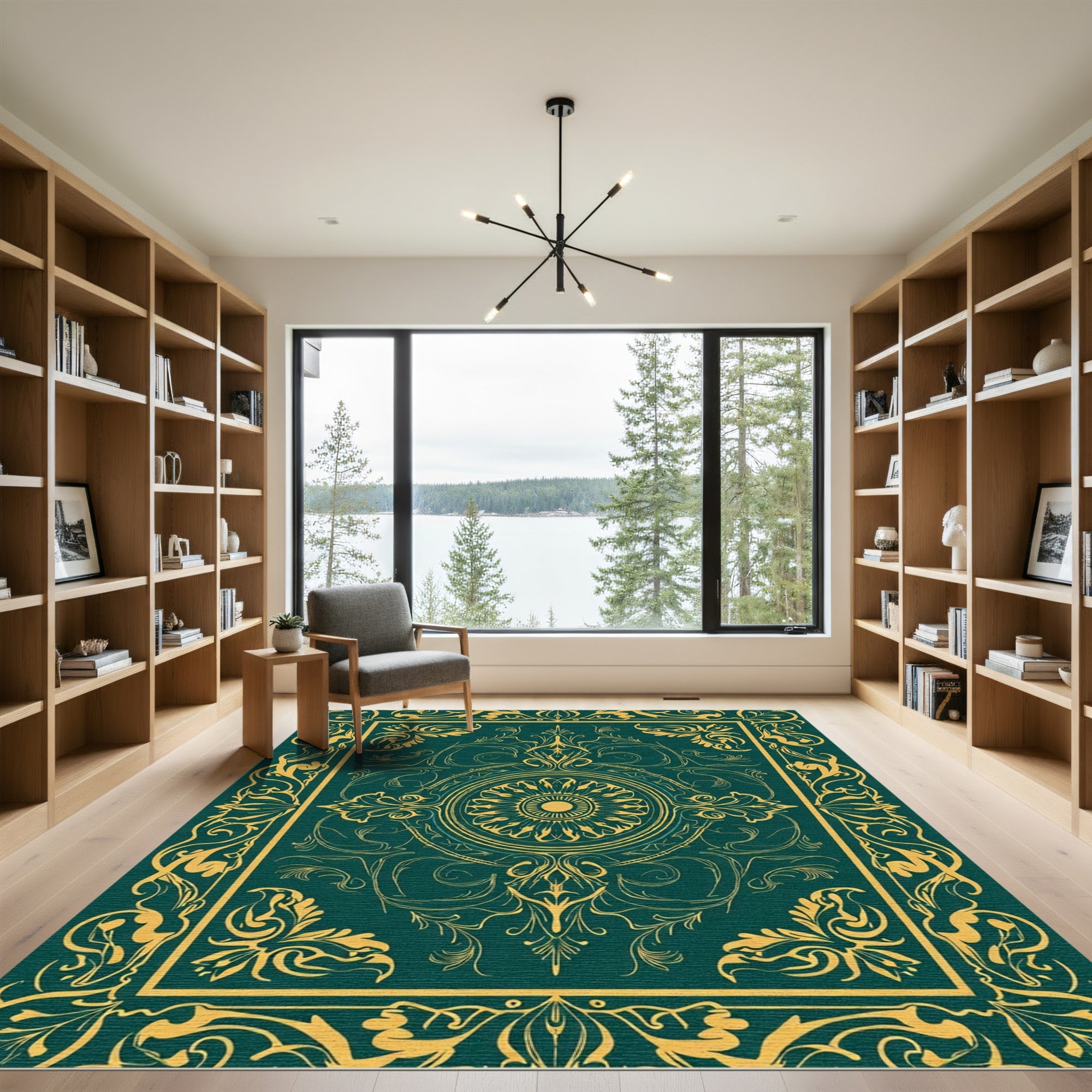 Ornate Teal Gold Floral Border Centerpiece Rug