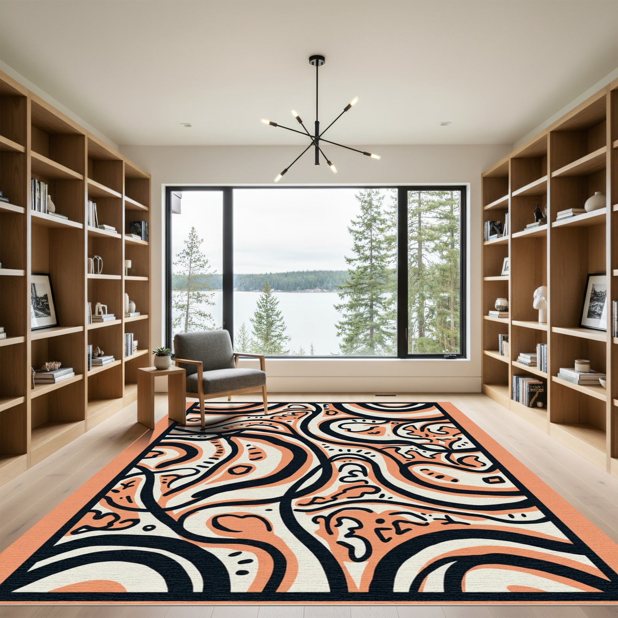 Abstract Coral Black Wavy Lines Rug