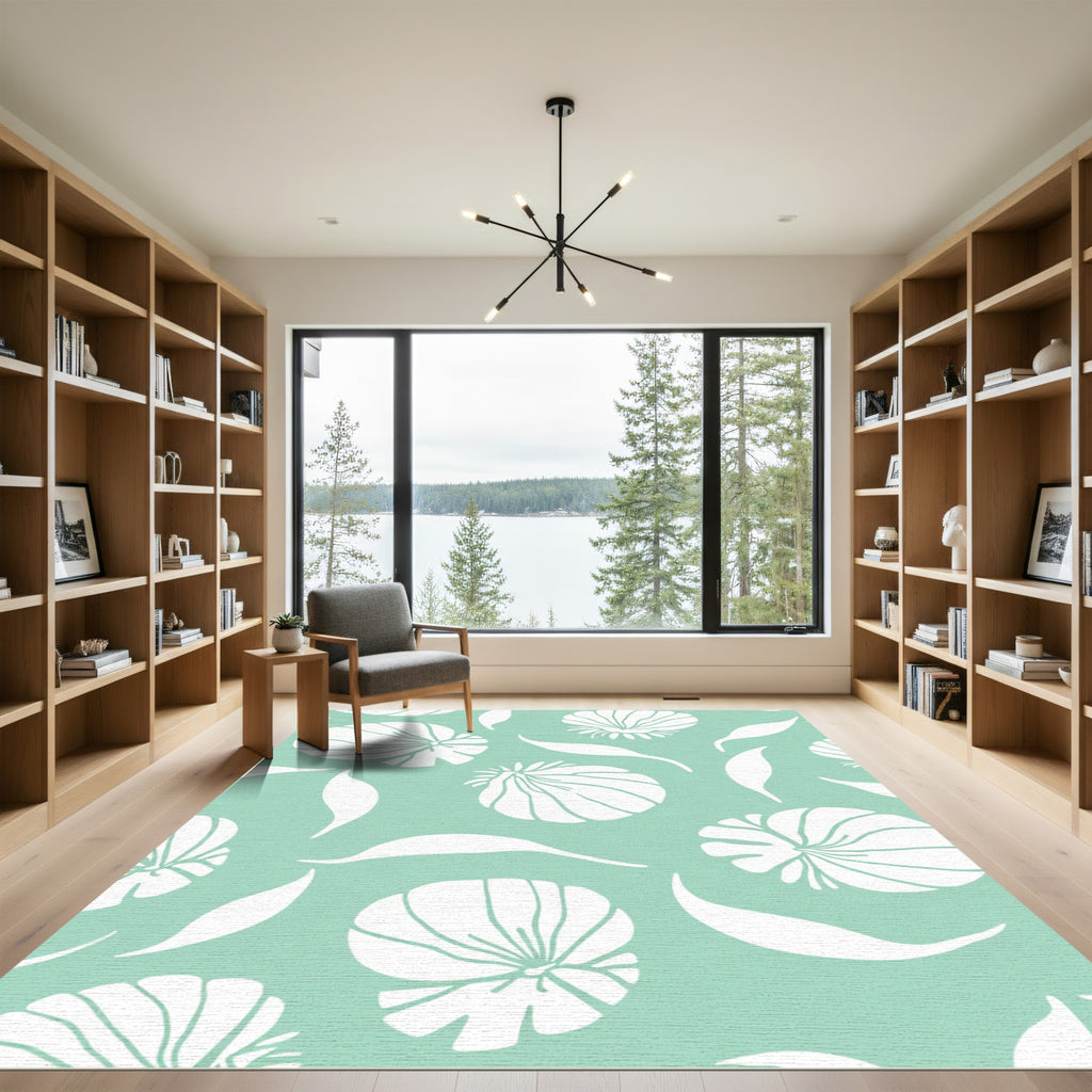 Coastal White Shell Leaf Aqua Rug