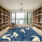 Cream Birds Blue Tropical Leaf Rug