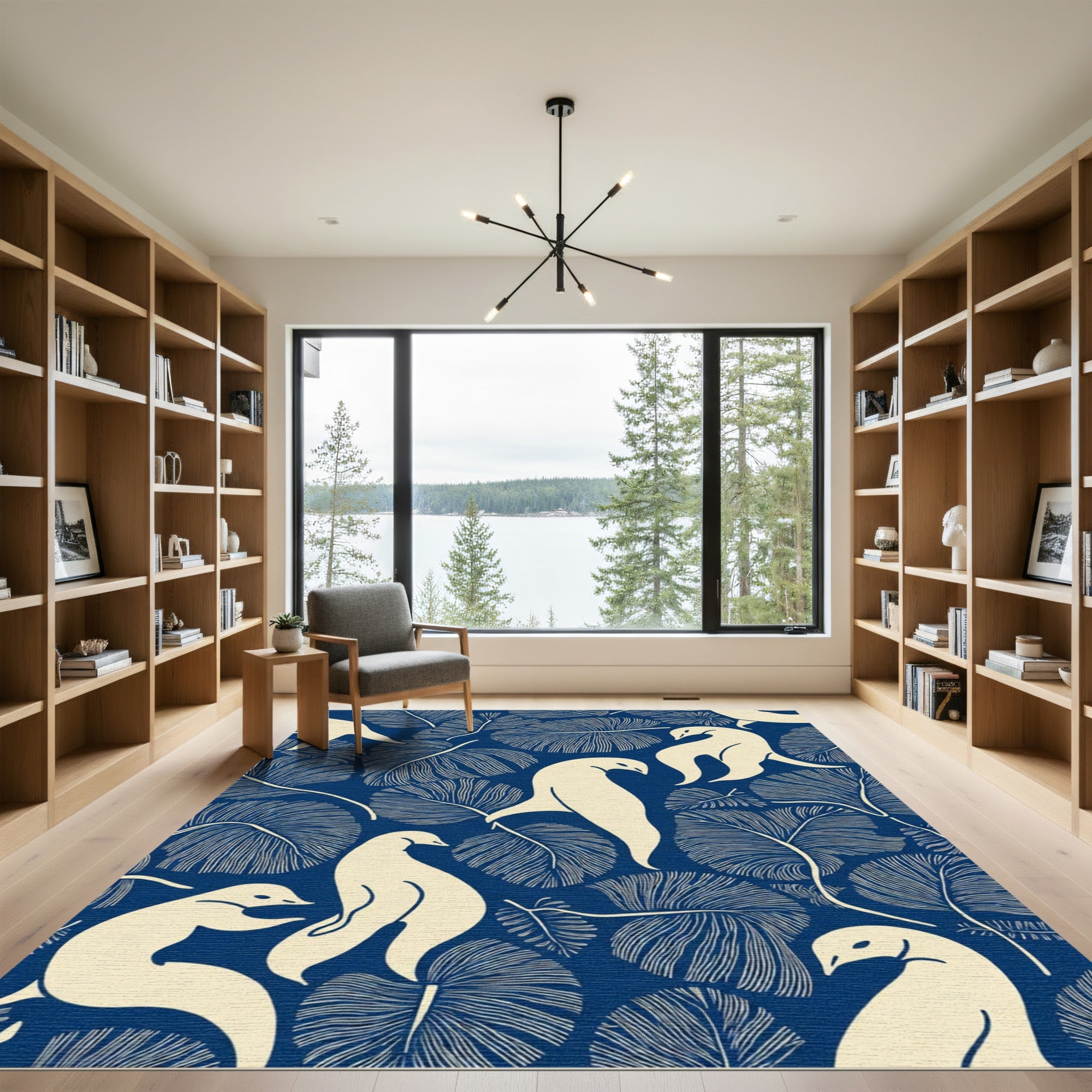 Cream Birds Blue Tropical Leaf Rug