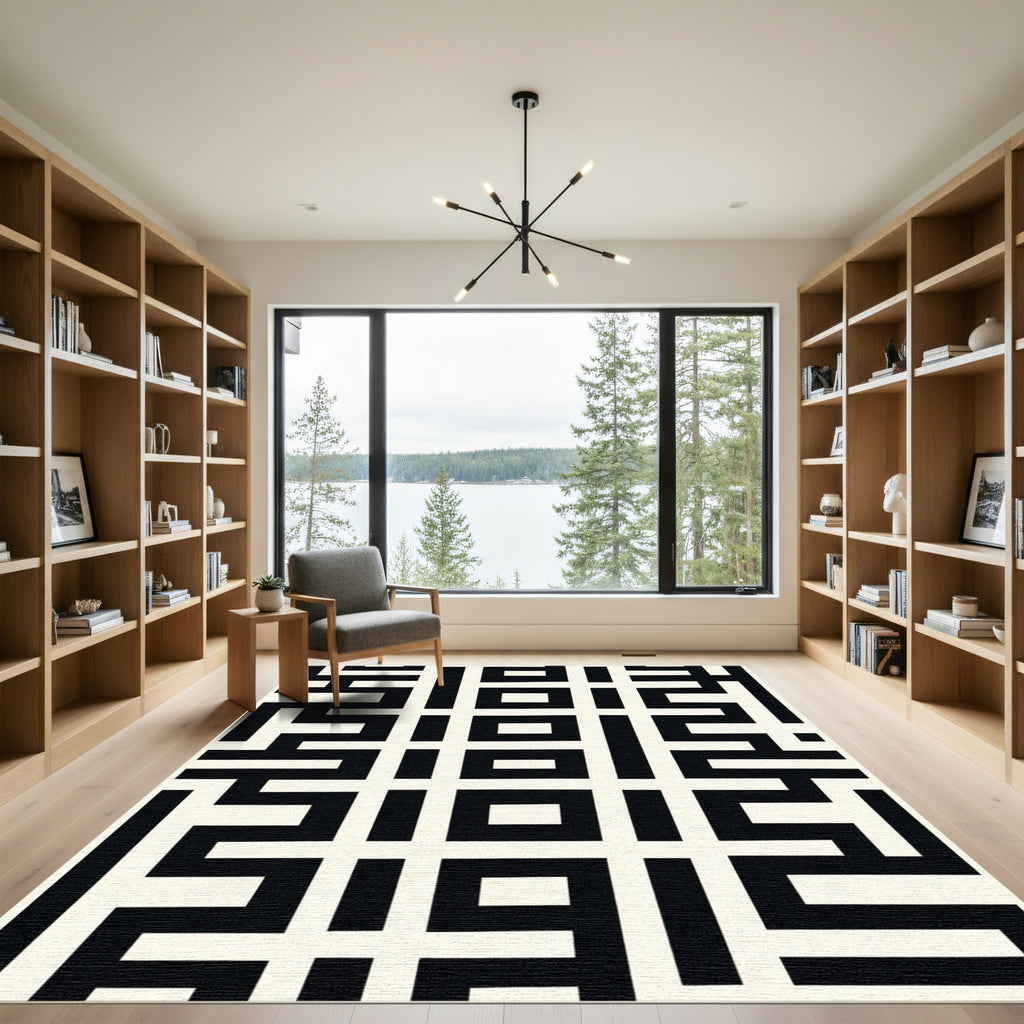 Black White Geometric Grid Rug