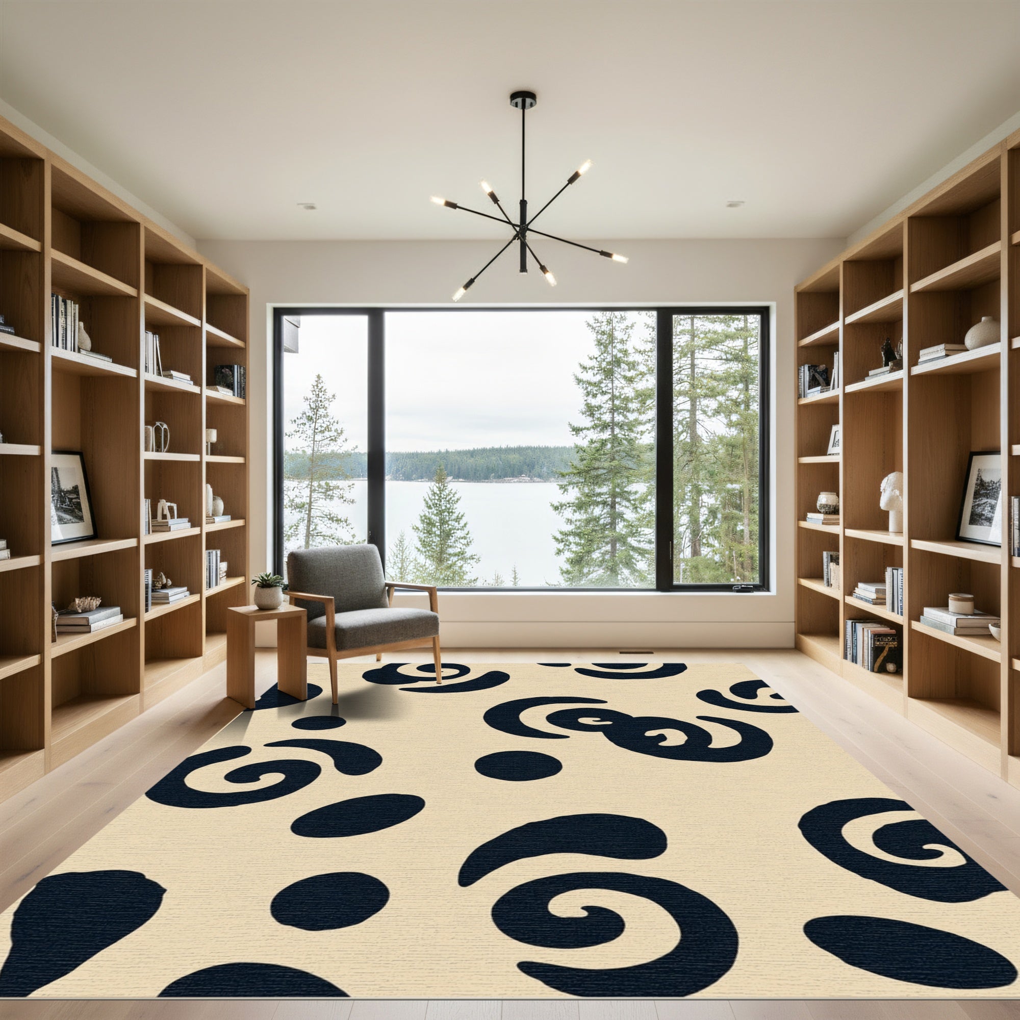 Dark Blue Abstract Swirls And Dots Rug