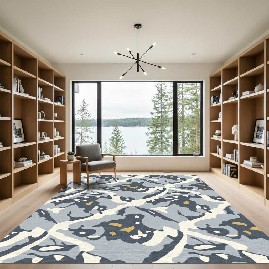 Abstract Organic Shapes Blue Ochre Rug