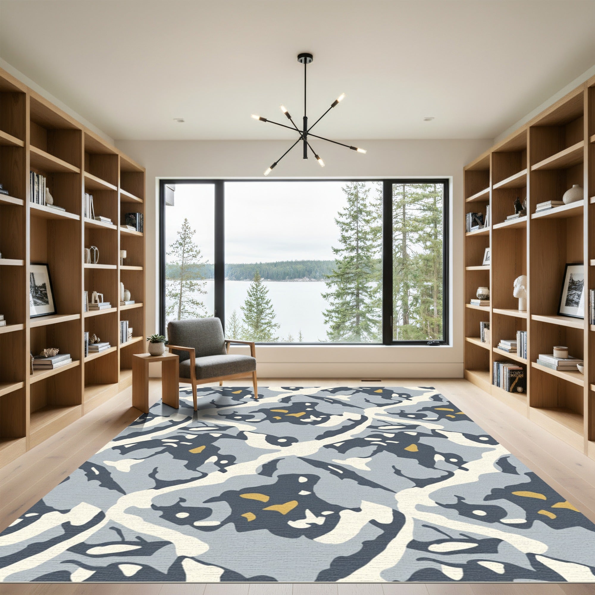 Abstract Organic Shapes Blue Ochre Rug