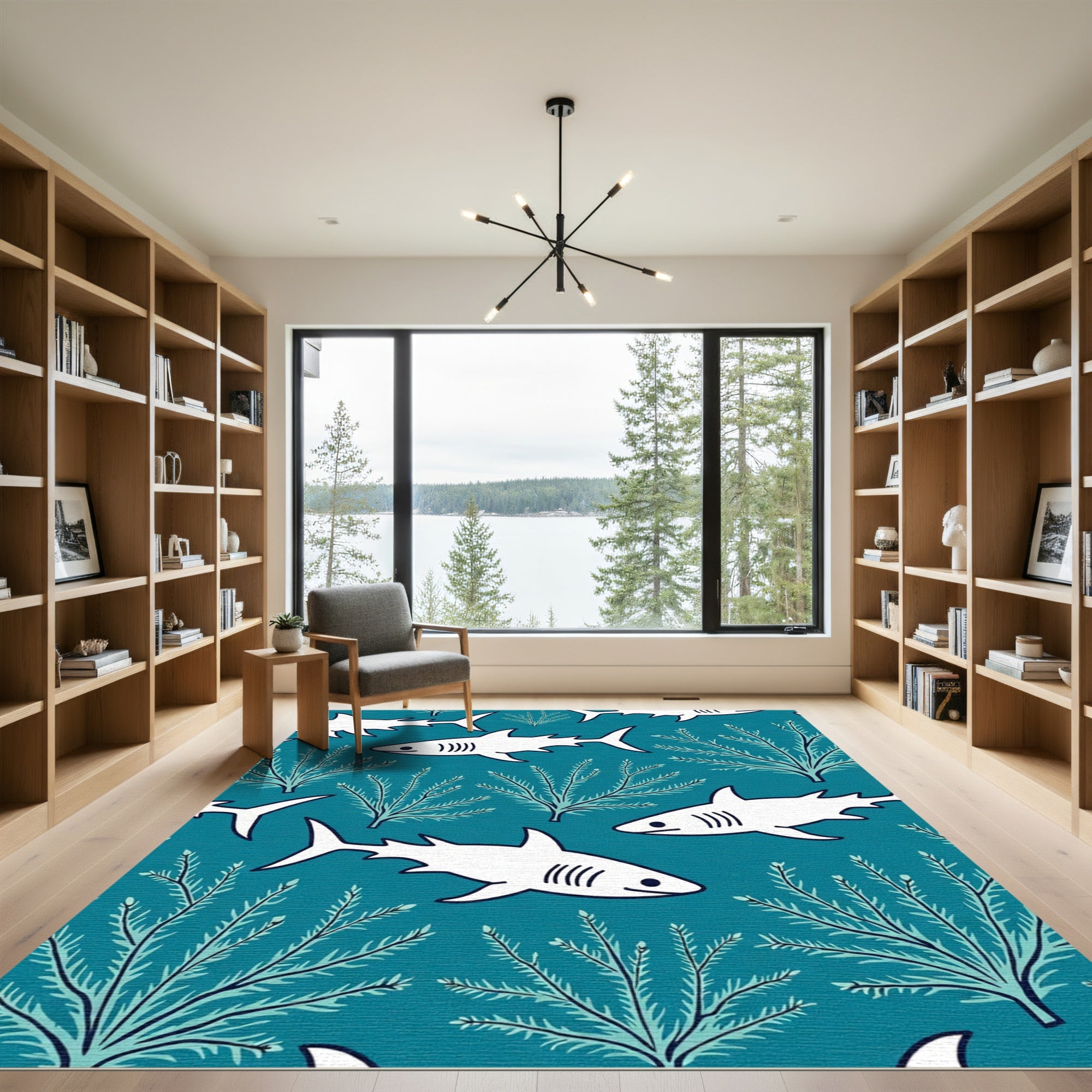 Teal White Shark Marine Life Rug