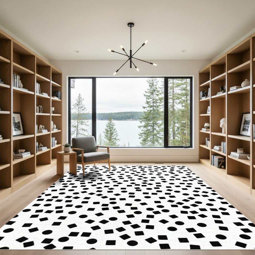 Minimalist Black Confetti Squares Circles Rug