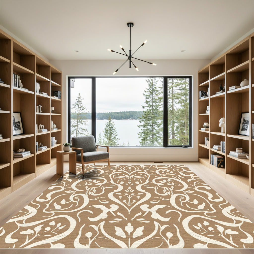Ivory Brown Stylized Damask Flora Rug