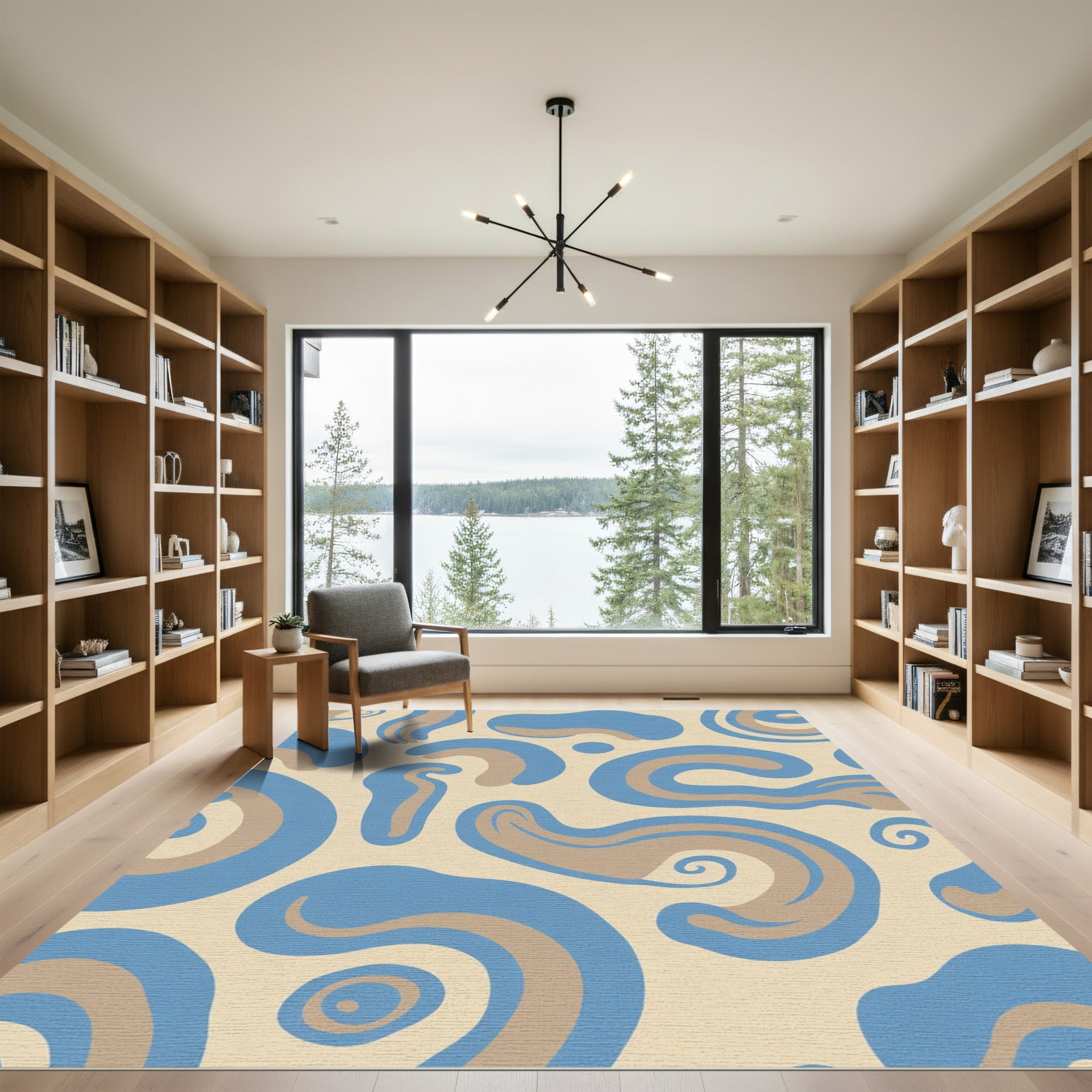 Abstract Blue Tan Swirl Composition Rug