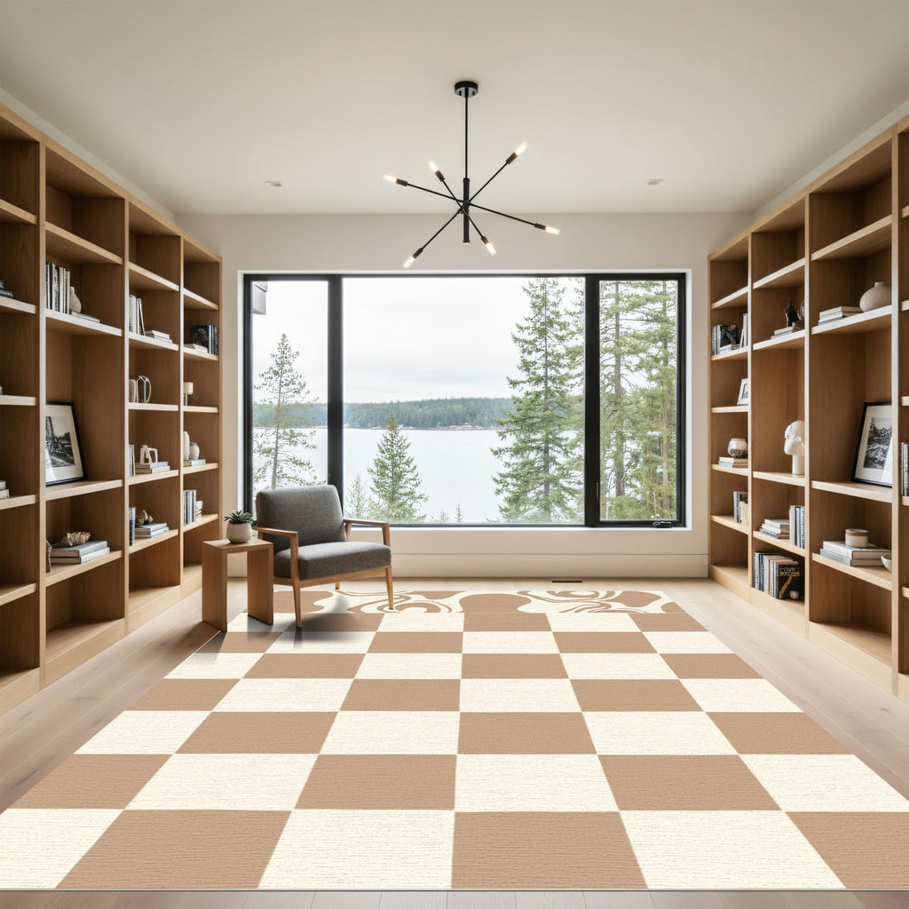 Brown Cream Checkerboard Swirl Rug