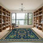 Ornate Blue and Gold Floral Arabesque Rug
