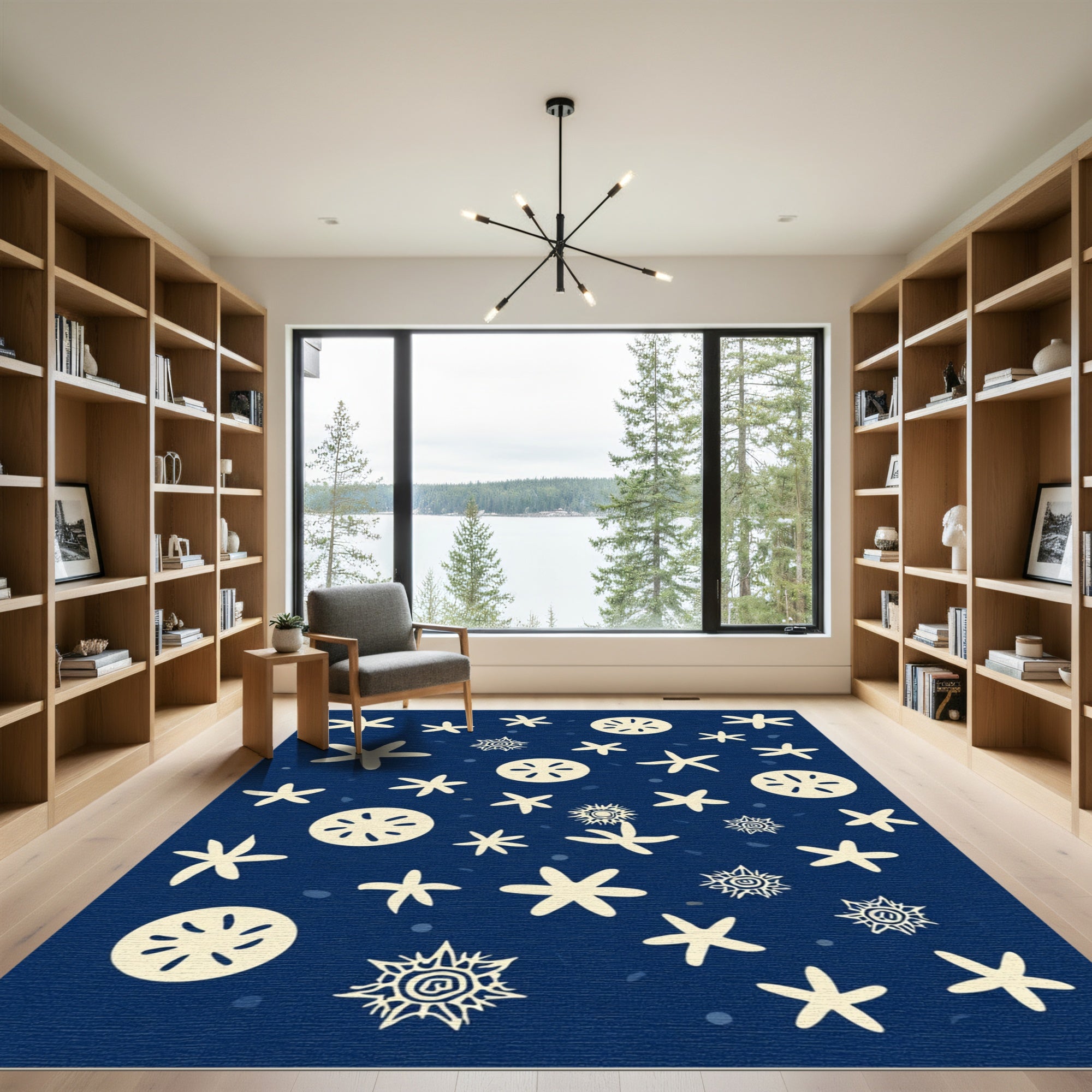 Cream Starfish Dots Navy Field Rug