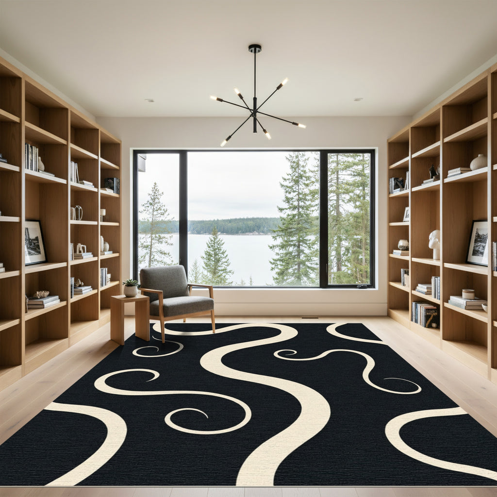 Cream Swirls on Black Background Rug