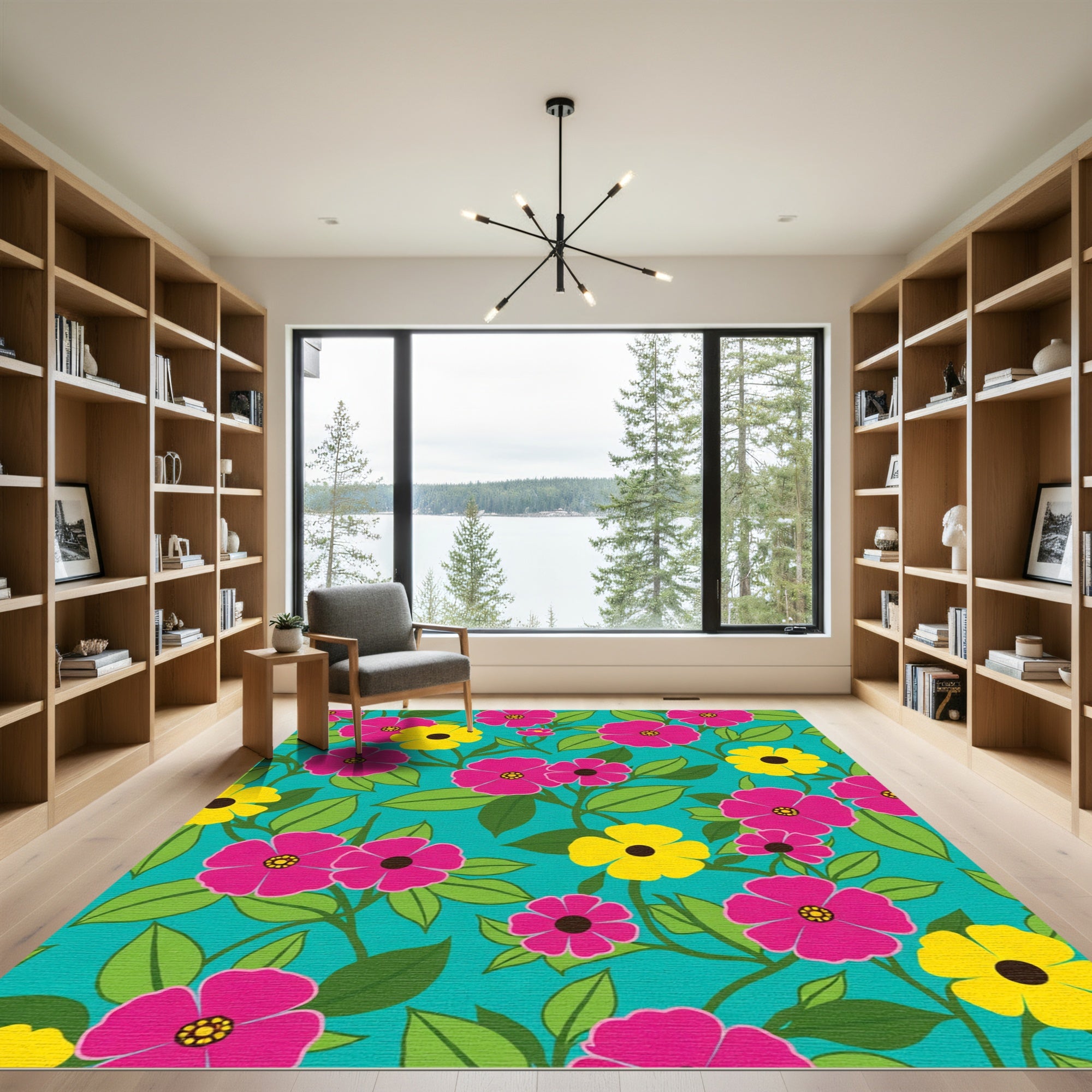Bright Pink Yellow Floral Vine Rug