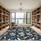 Navy Blue Golden Leafy Branches Rug