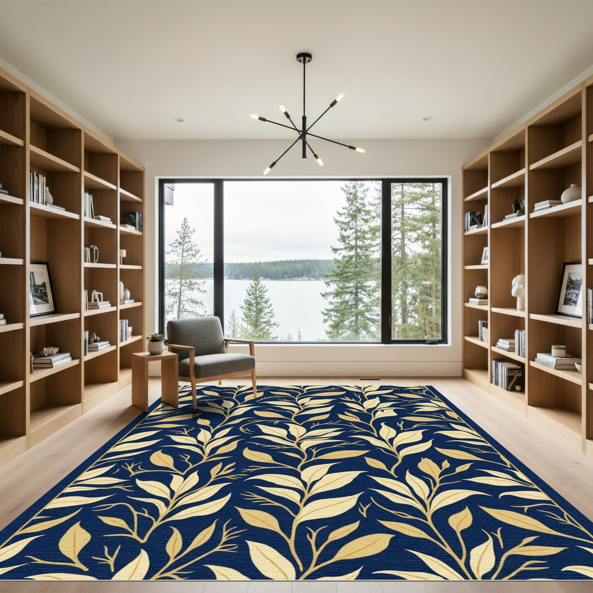 Navy Blue Golden Leafy Branches Rug