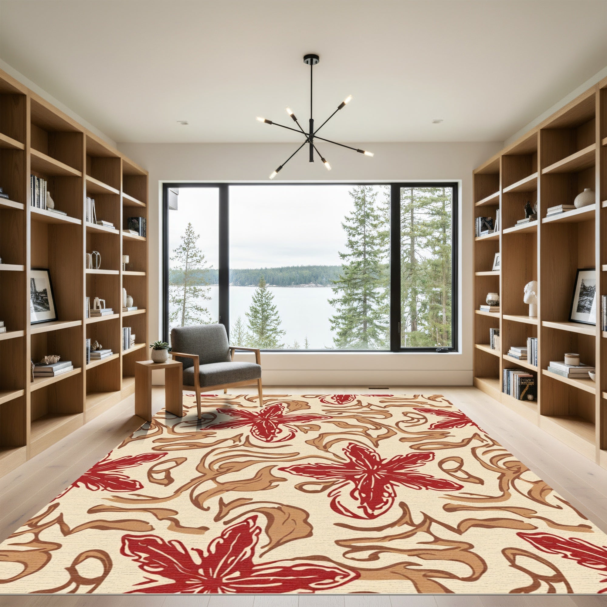 Crimson Starburst Swirls Botanical Rug
