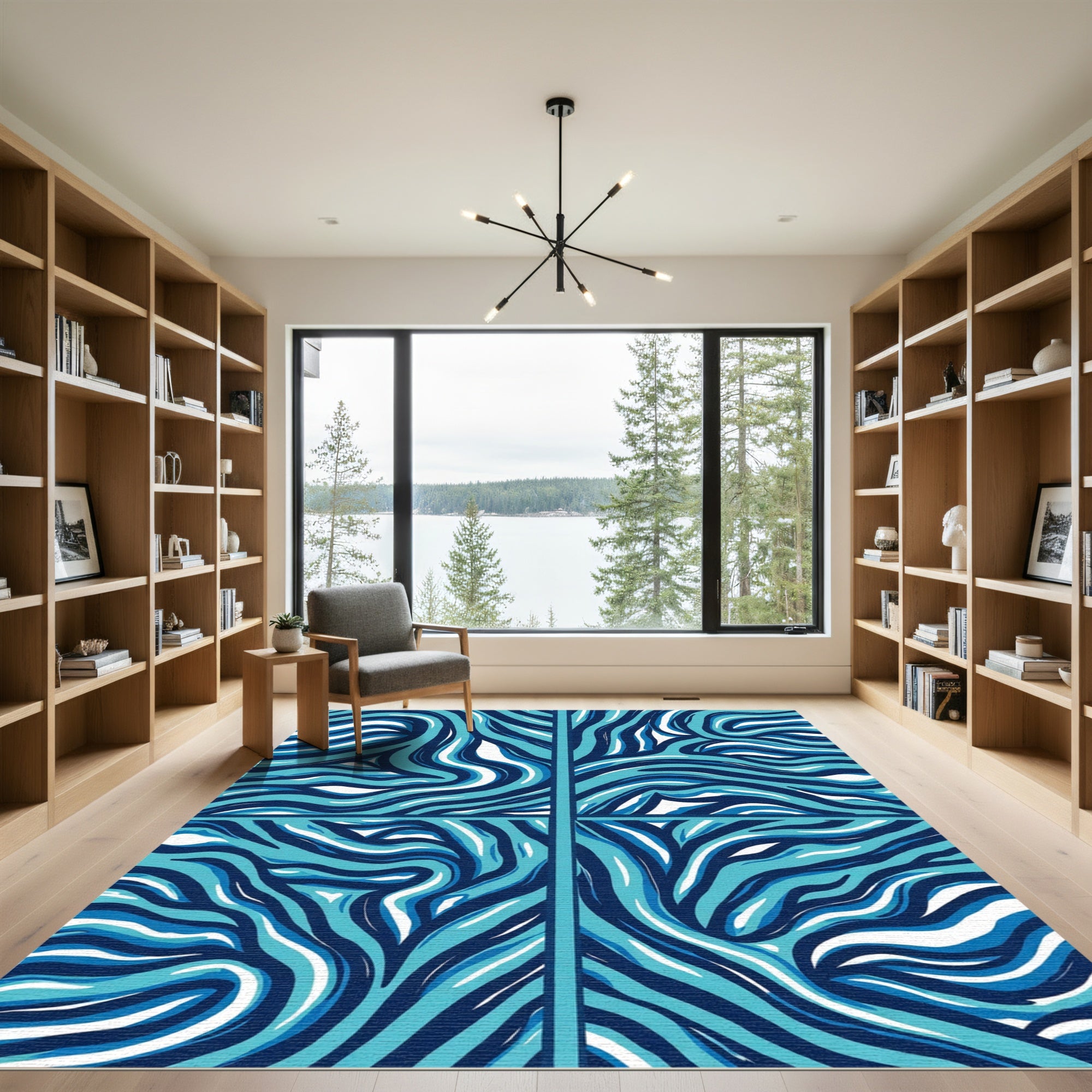 Blue Swirl Flowing Ribbon Arrangement Rug