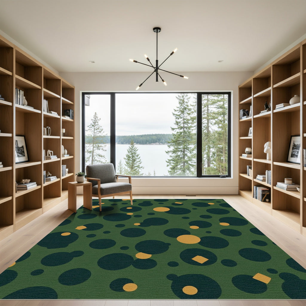 Dark Green Scattered Circles and Diamonds Rug