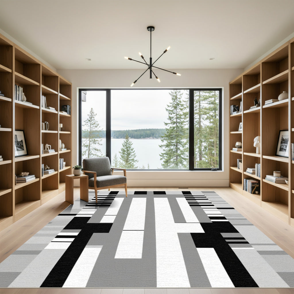 Modern Gray Black Geometric Block Rug