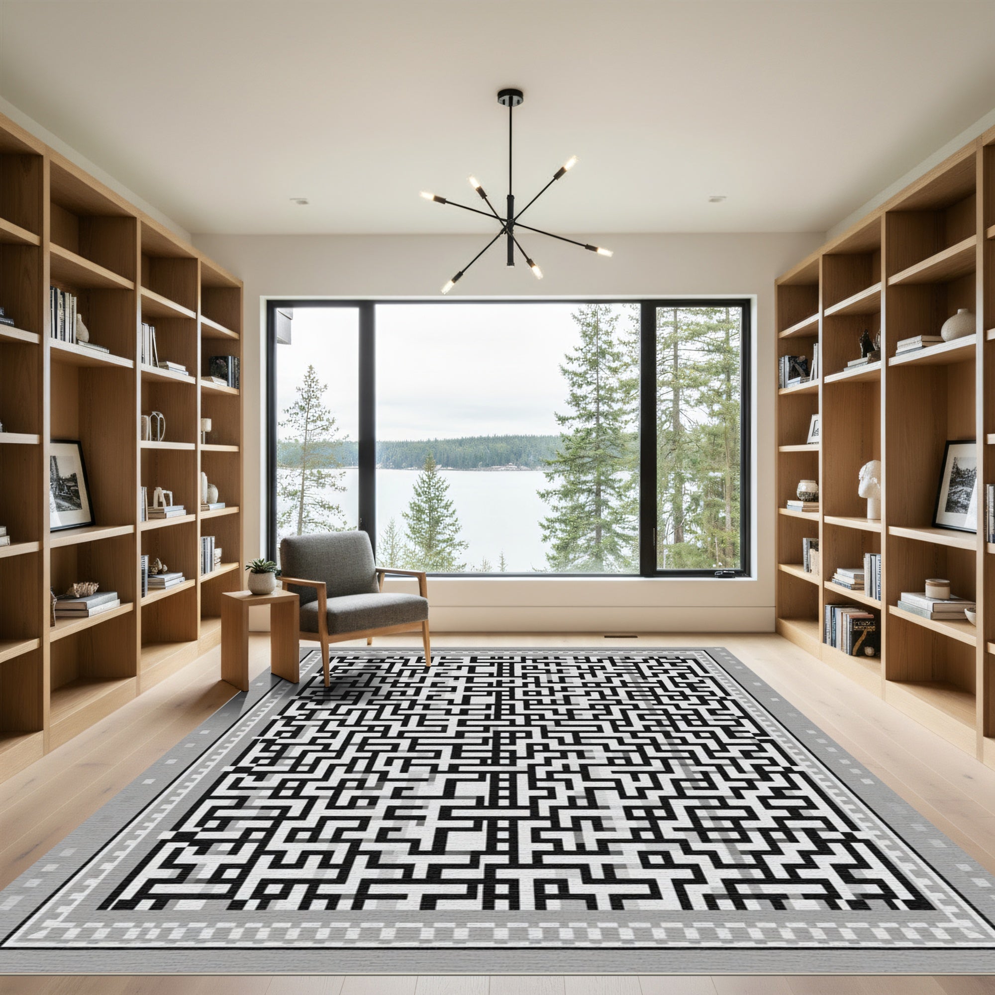 Monochrome Abstract Maze Square Rug