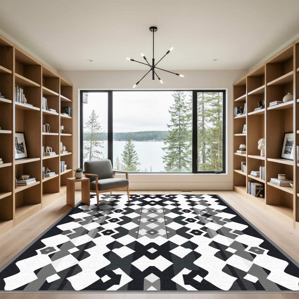 Monochrome Geometric Diamond Lattice Rug