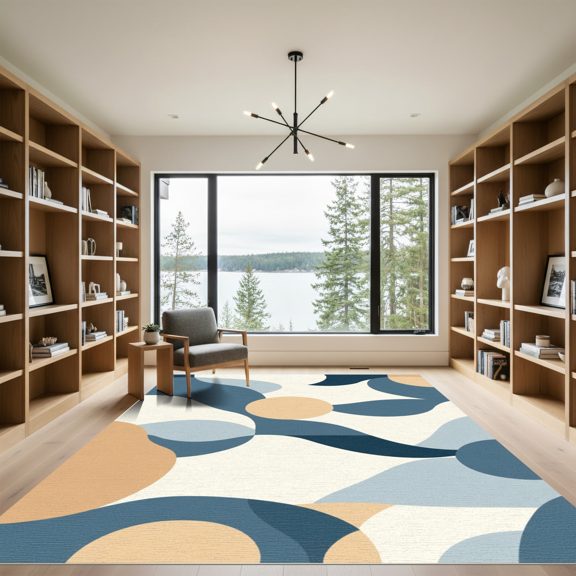 Blue Tan Abstract Organic Shape Rug