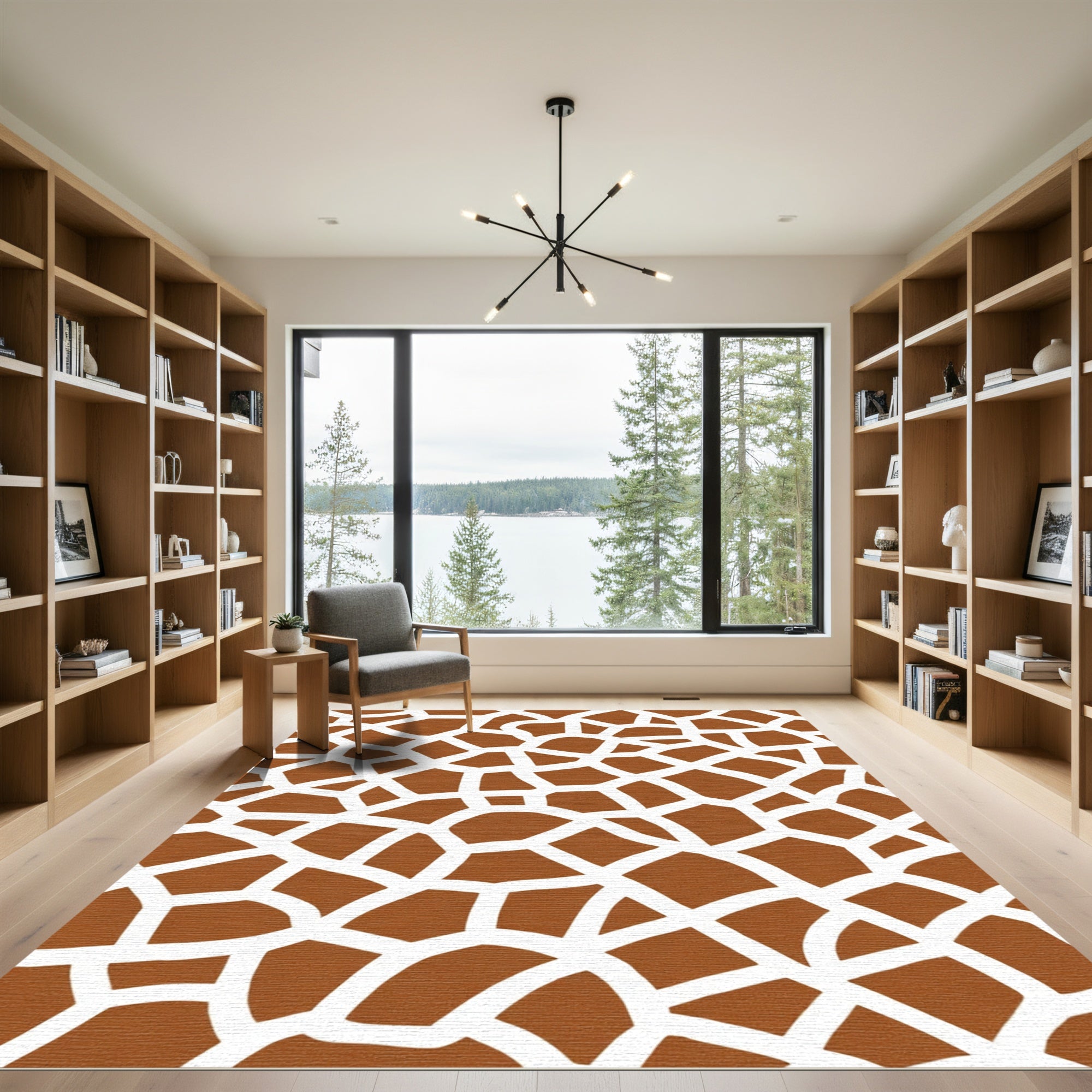 Brown White Abstract Organic Network Rug