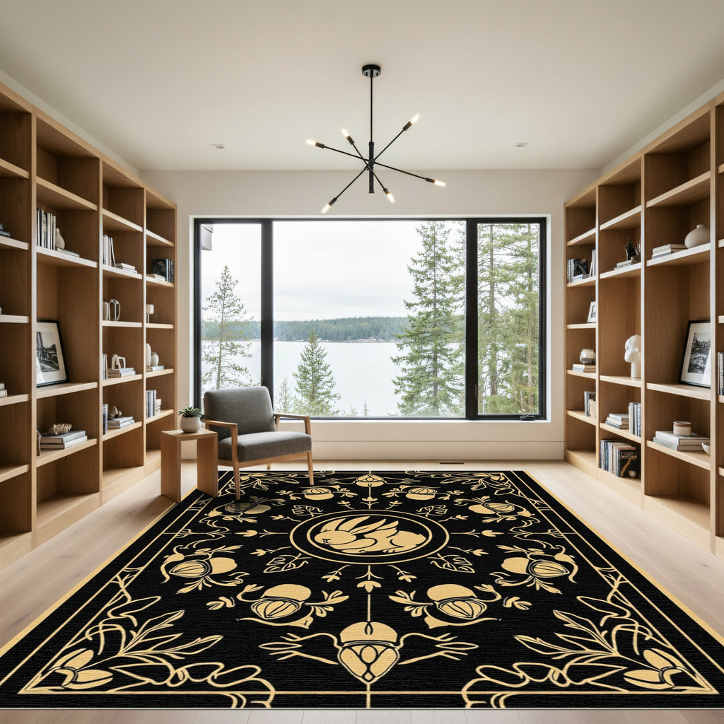 Golden Rabbit Floral Art Deco Rug