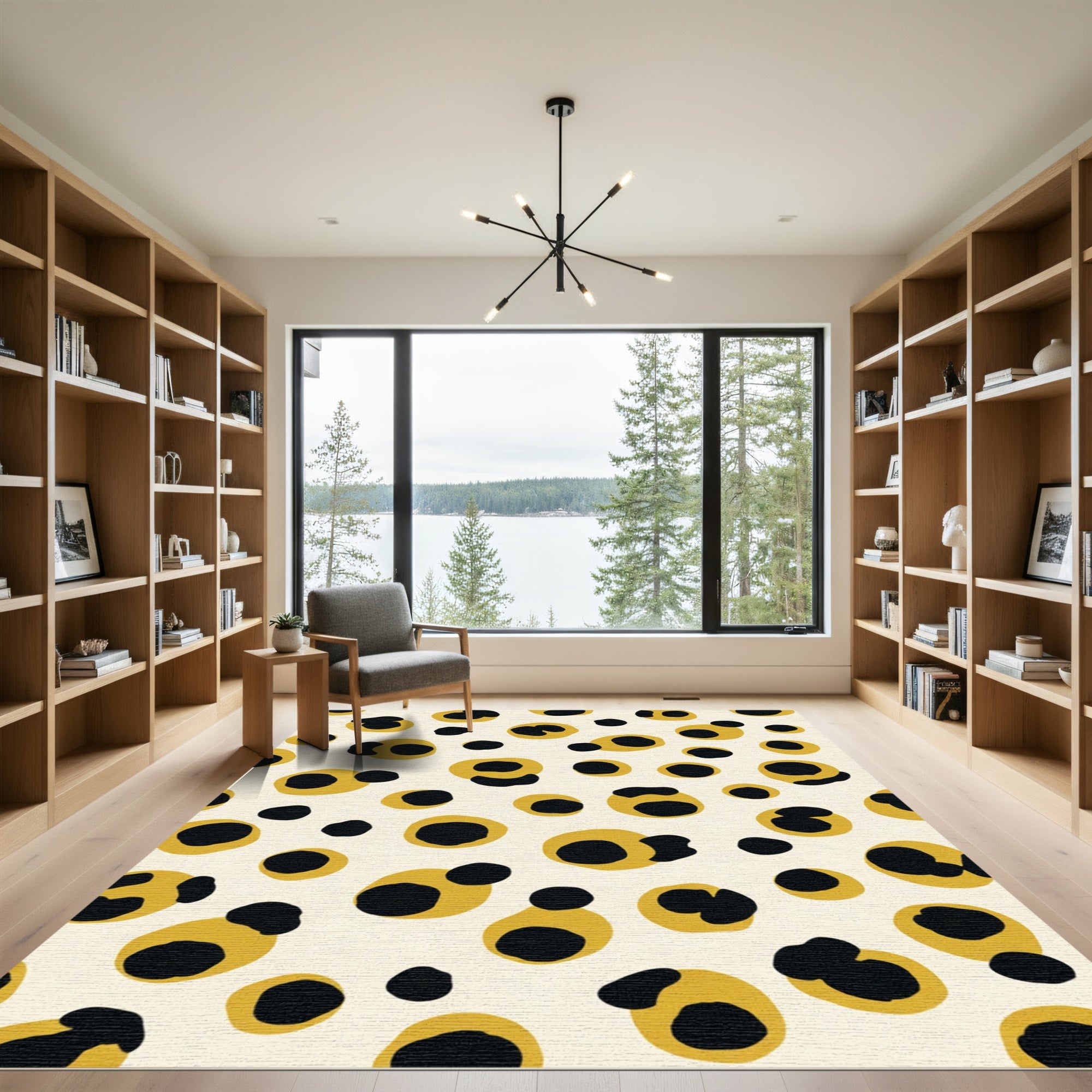 Muted Yellow Black Spotted Shapes Rug