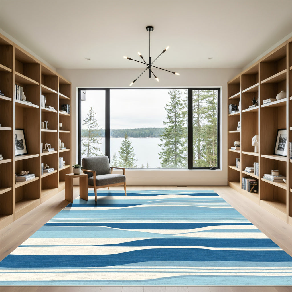 Ocean Blue Abstract Wave Stripes Rug
