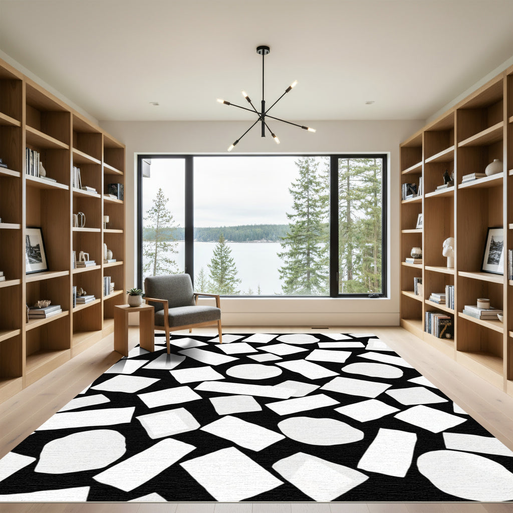 White Organic Shapes Scattered Black Rug