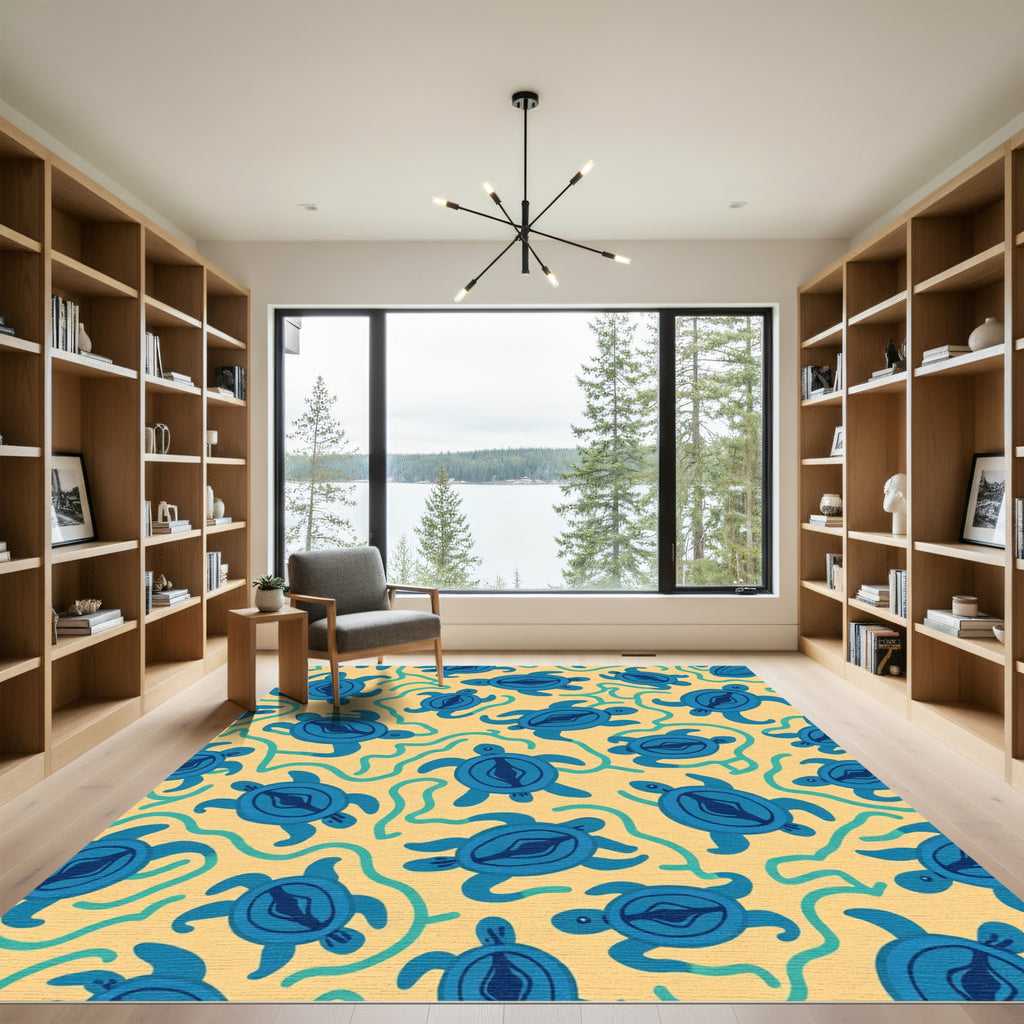 Whimsical Blue Sea Turtles Swirl Rug